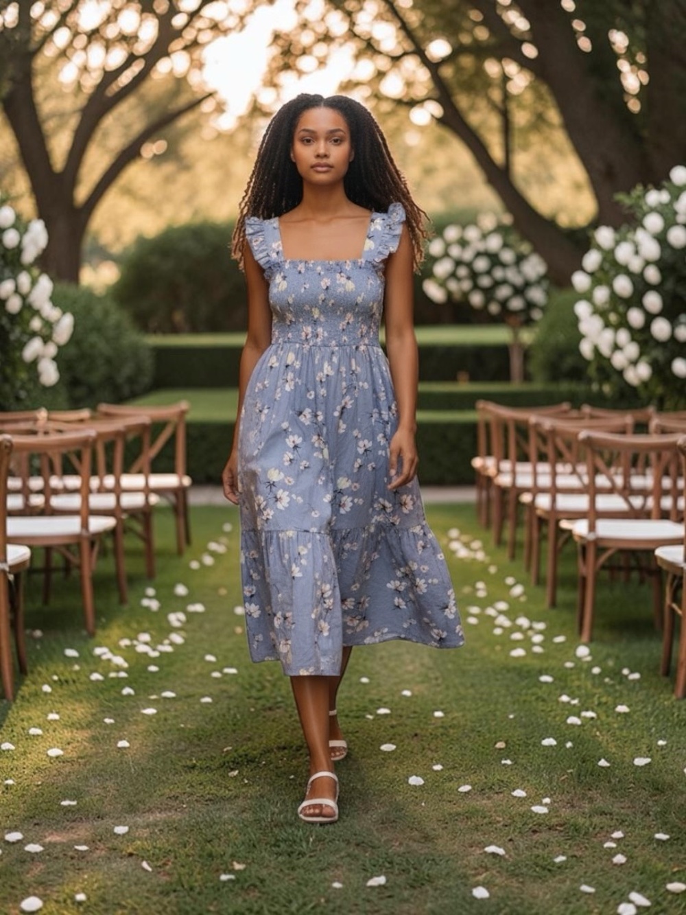 Floral Smocked Midi Dress with Ruffle Straps - Blue